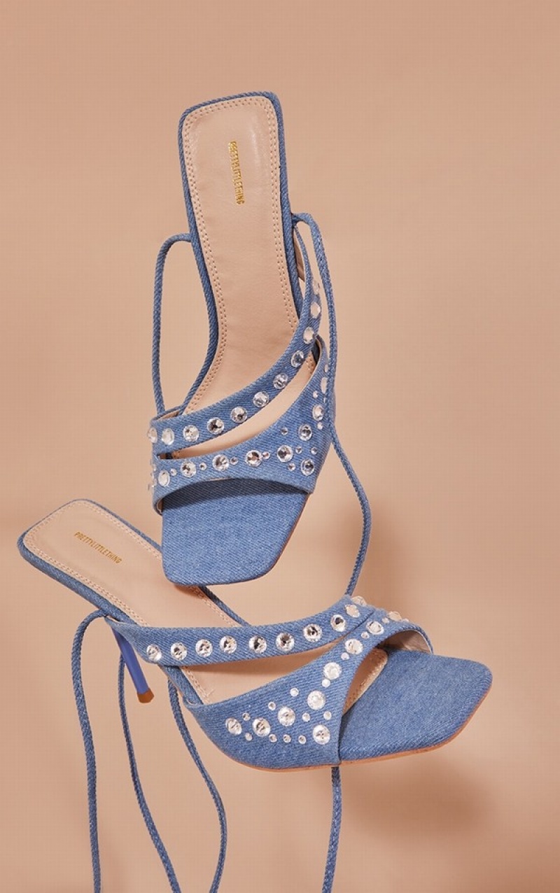 Blue Pretty Little Thing Denim Square Toe Diamante Studded Strap Lace Up Heels | WOYPLXU-82