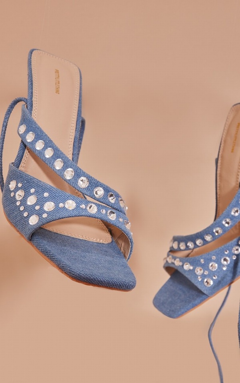 Blue Pretty Little Thing Denim Square Toe Diamante Studded Strap Lace Up Heels | WOYPLXU-82