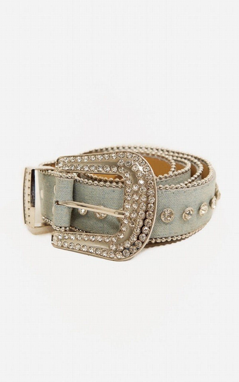 Blue Pretty Little Thing Diamante Studded Western Belts | CVSQANB-83