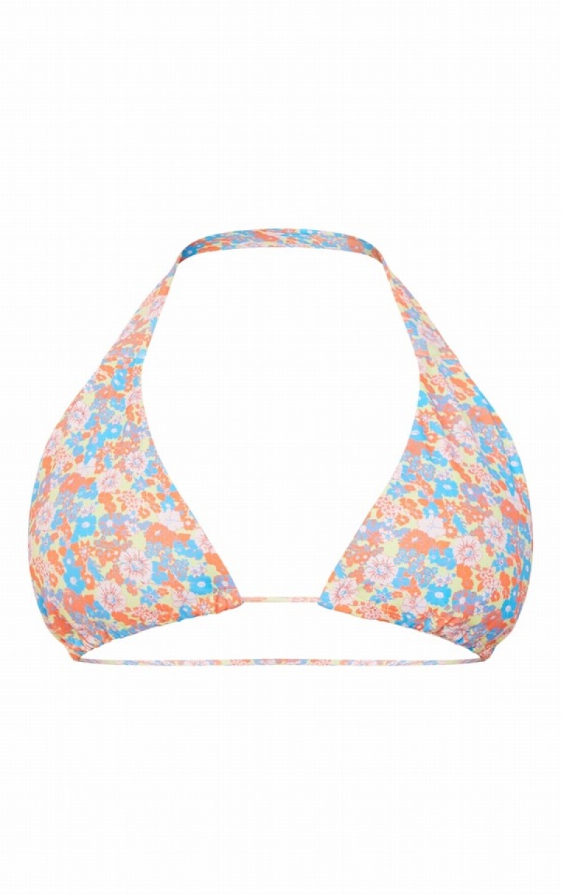 Blue Pretty Little Thing Ditsy Floral Print Ruched High Apex Triangle Bikini Tops | HCMIDAQ-78