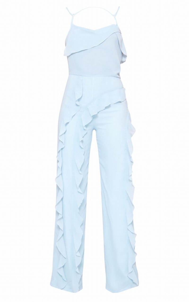 Blue Pretty Little Thing Dusty Sheer Chiffon Strap Detail Frill Jumpsuits | JVRXCID-31