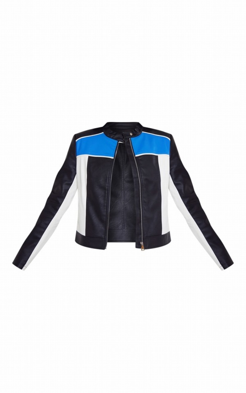 Blue Pretty Little Thing Faux Leather Contrast Panel Motor Jackets | TBAQMCO-60