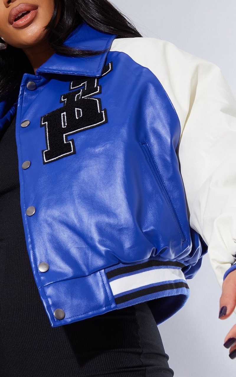 Blue Pretty Little Thing Faux Leather Raglan Sleeve Cropped Varsity Bomber Jackets | BNPLIOQ-03