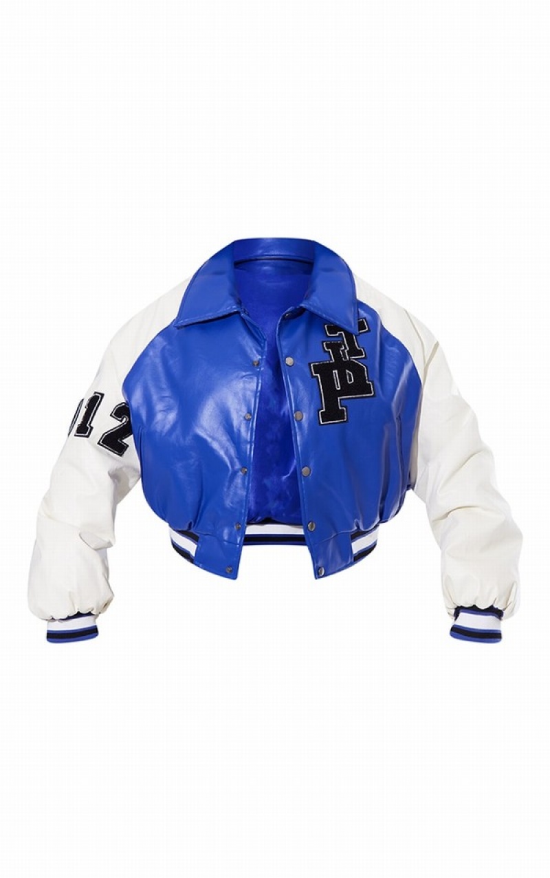 Blue Pretty Little Thing Faux Leather Raglan Sleeve Cropped Varsity Bomber Jackets | BNPLIOQ-03