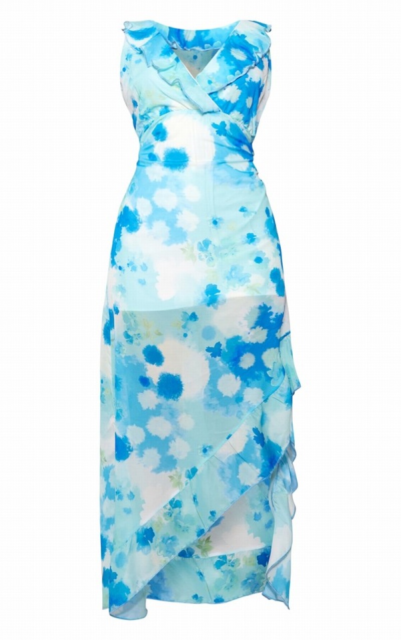 Blue Pretty Little Thing Floral Frill Trim Plunge Maxi Dresses | FQDPOJH-71