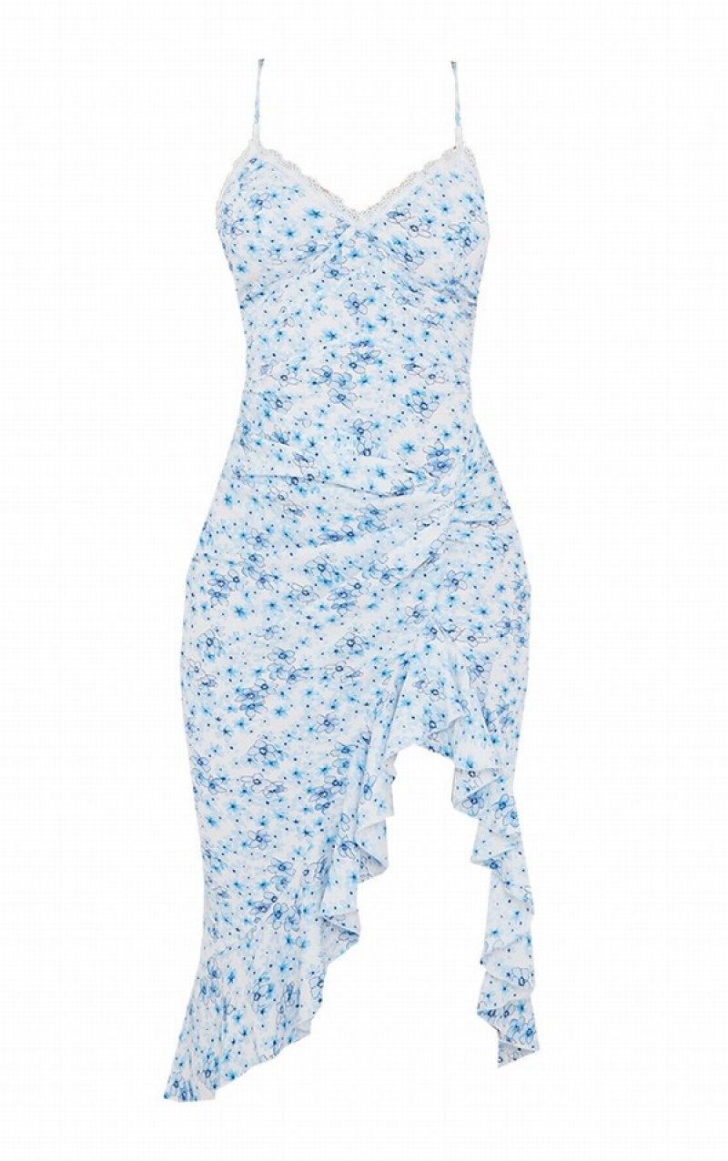 Blue Pretty Little Thing Floral Print Lace Up Back Twist Detail Dresses | EVRPAZY-10