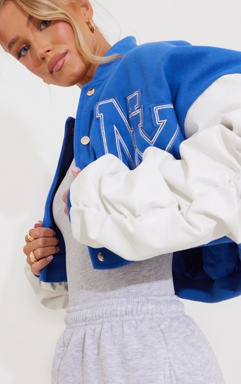 Blue Pretty Little Thing Graphic Front Faux Leather Ruched Sleeve Cropped Bomber Jackets | ZSOTQPW-53