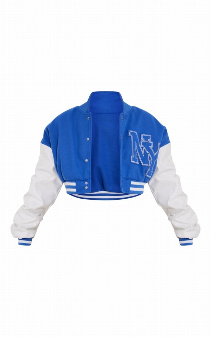 Blue Pretty Little Thing Graphic Front Faux Leather Ruched Sleeve Cropped Bomber Jackets | ZSOTQPW-53