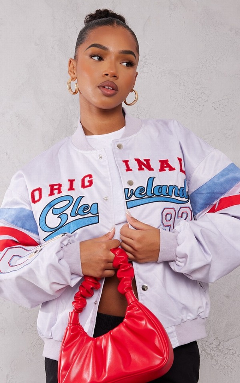 Blue Pretty Little Thing Graphic Front Satin Look Varsity Bomber Jackets | CLTPIMS-05