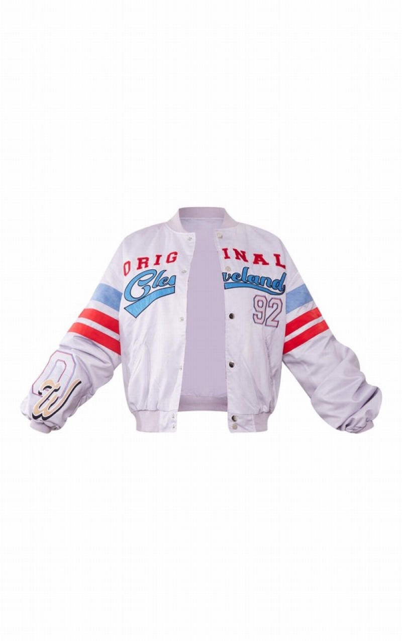 Blue Pretty Little Thing Graphic Front Satin Look Varsity Bomber Jackets | CLTPIMS-05