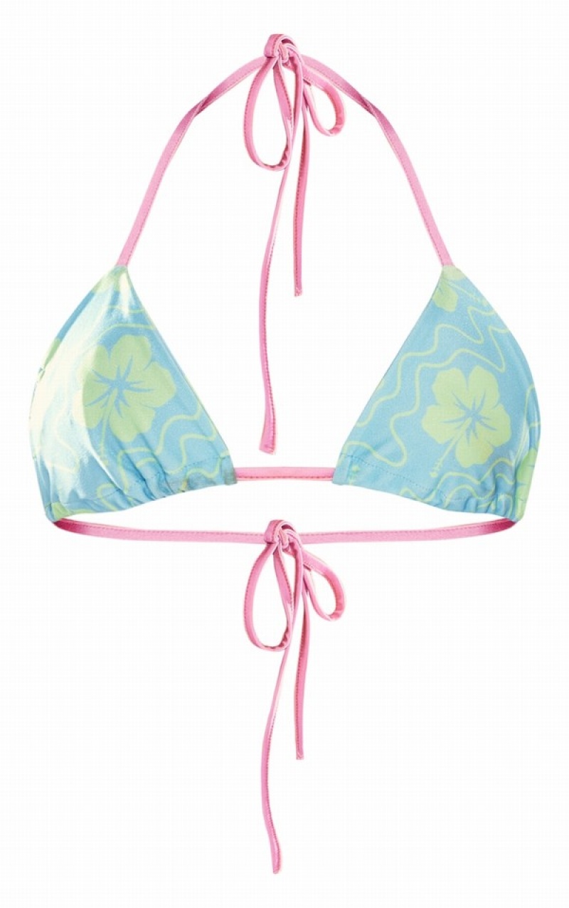 Blue Pretty Little Thing Hawaiian Print Contrast Binding Triangle Bikini Tops | YPBMWNJ-29