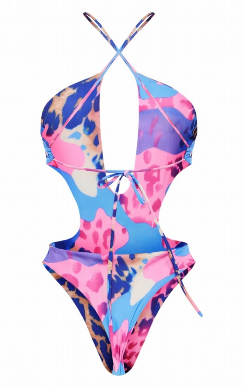 Blue Pretty Little Thing Leopard Print Cut Out Cross Front Swimsuits | WDVOFXZ-05