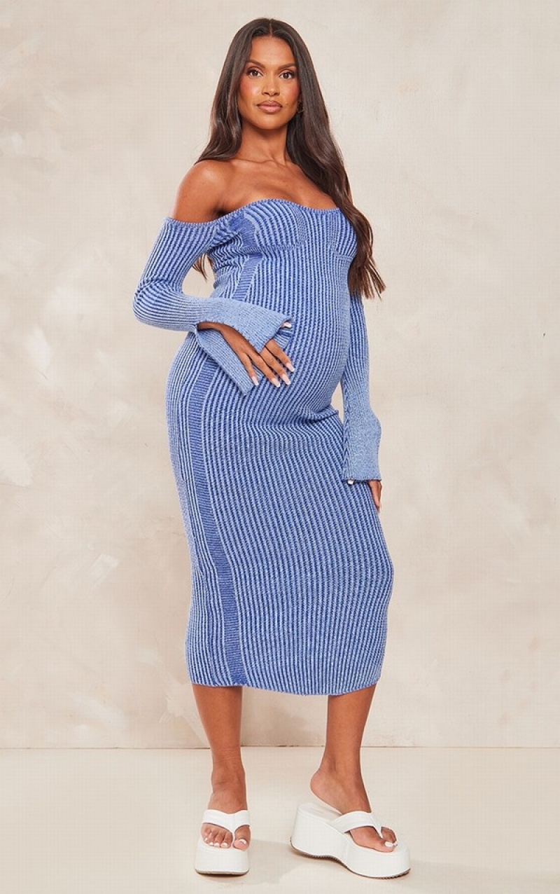 Blue Pretty Little Thing Maternity Off The Shoulder Contrast Knit Midaxi Dresses | XRDPZMA-50