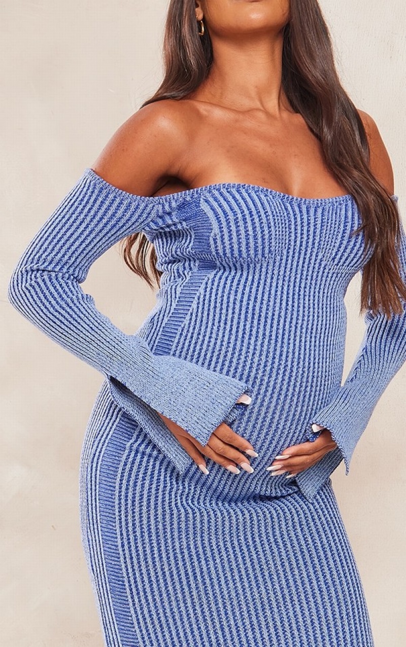 Blue Pretty Little Thing Maternity Off The Shoulder Contrast Knit Midaxi Dresses | XRDPZMA-50