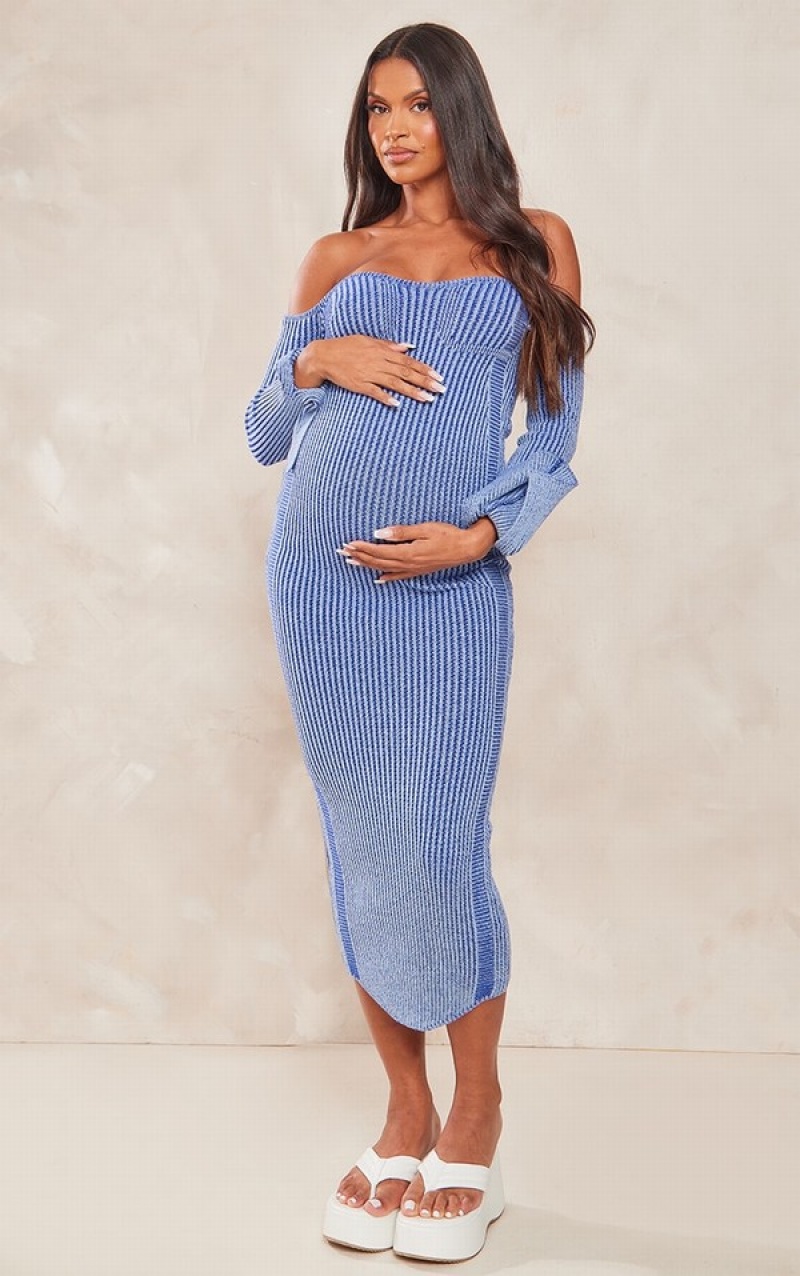 Blue Pretty Little Thing Maternity Off The Shoulder Contrast Knit Midaxi Dresses | XRDPZMA-50