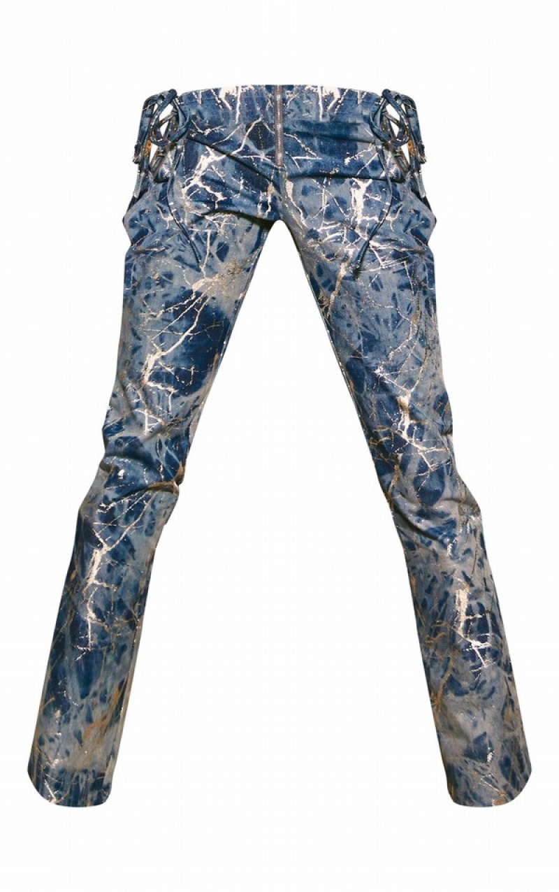 Blue Pretty Little Thing Metallic Print Lace Up Side Flared Jeans | XDTWUMQ-92