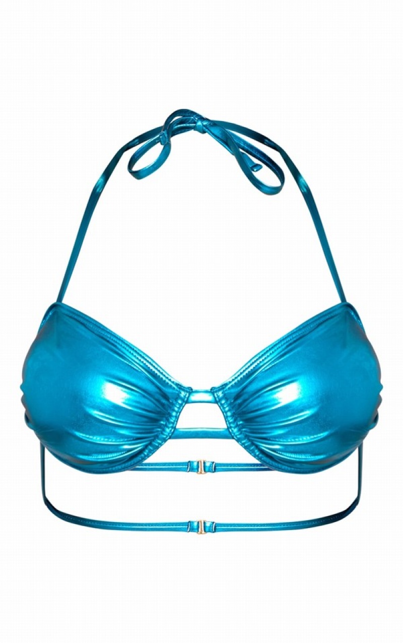 Blue Pretty Little Thing Metallic Ruched Underwired Bikini Tops | FHJKZEW-03