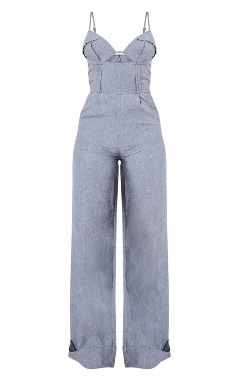 Blue Pretty Little Thing Mineral Frayed Edge UnderwiStrappy Jumpsuits | QPULZTG-41