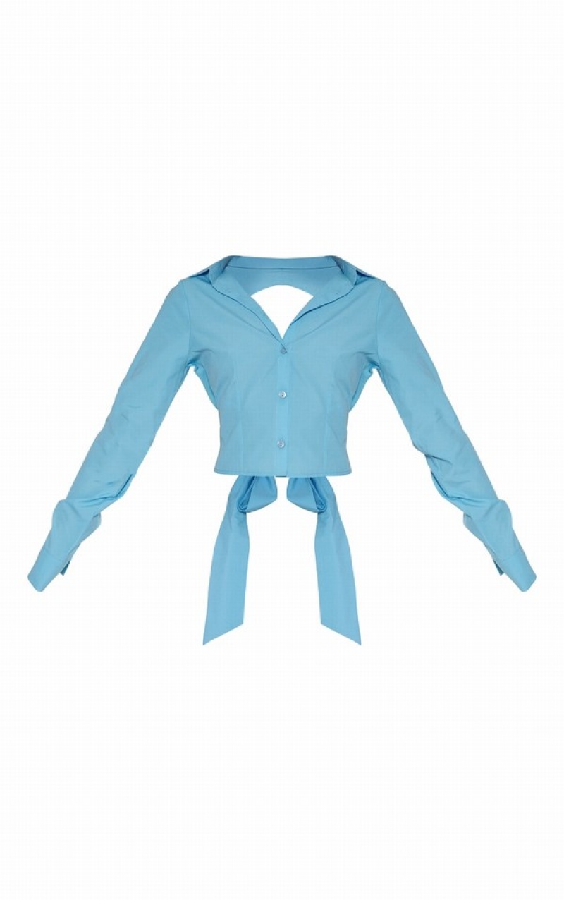 Blue Pretty Little Thing Mineral Woven Fitted Long Sleeve Open Bow Back Shirts | EMBFVSK-94