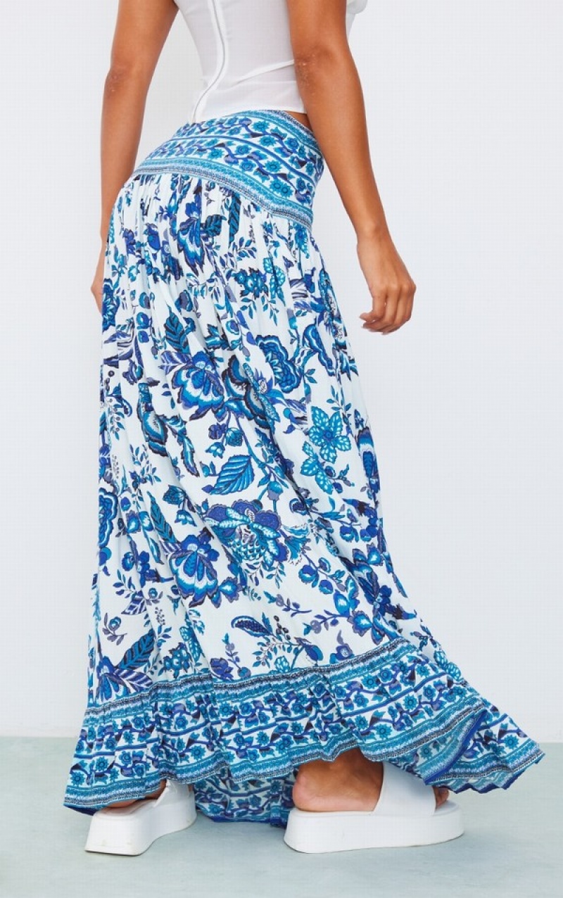 Blue Pretty Little Thing Mosaic Printed Cotton Maxi Skirts | QOFYVIL-07