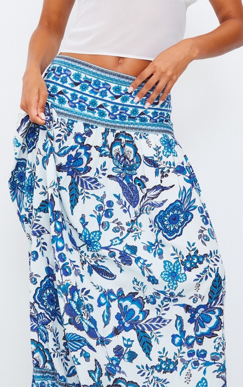 Blue Pretty Little Thing Mosaic Printed Cotton Maxi Skirts | QOFYVIL-07