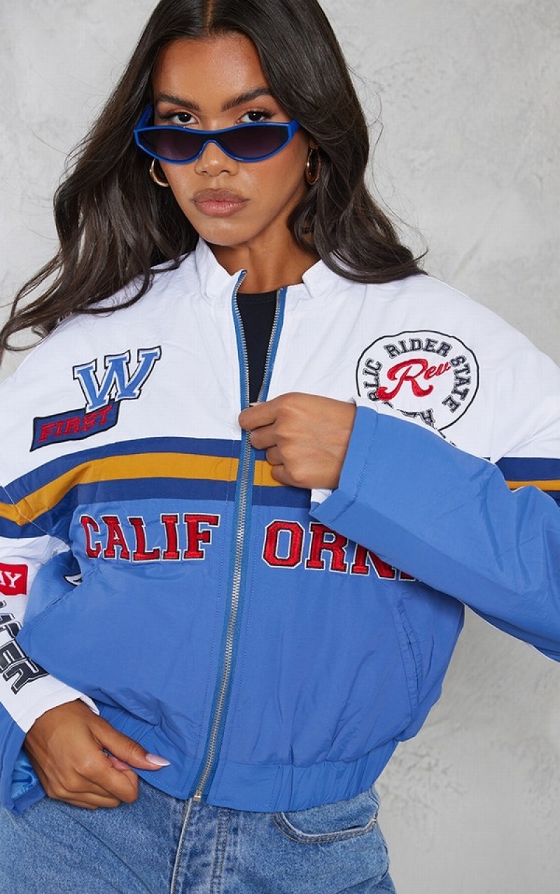 Blue Pretty Little Thing Oversized Graphic Zipped Racer Bomber Jackets | IWLPQTF-70