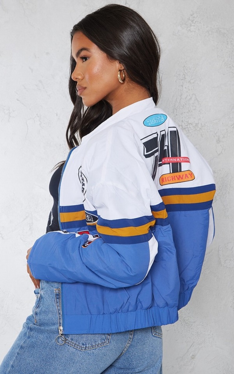 Blue Pretty Little Thing Oversized Graphic Zipped Racer Bomber Jackets | IWLPQTF-70