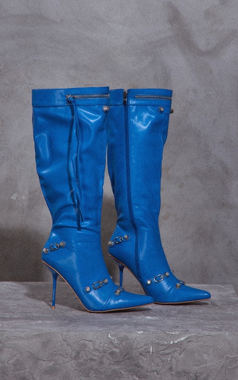 Blue Pretty Little Thing PU Zip Detail Point Toe Mided Knee Boots | ATPOFZK-69