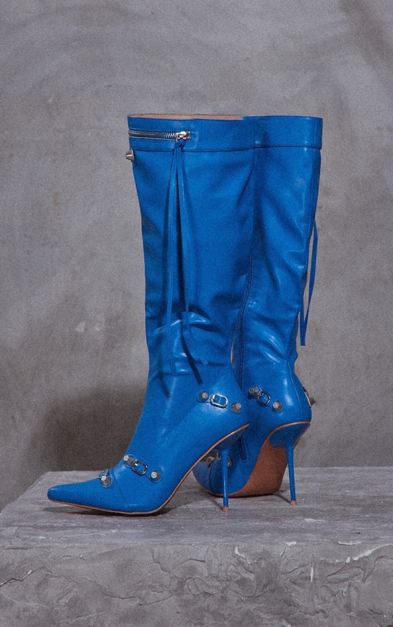 Blue Pretty Little Thing PU Zip Detail Point Toe Mided Knee Boots | ATPOFZK-69