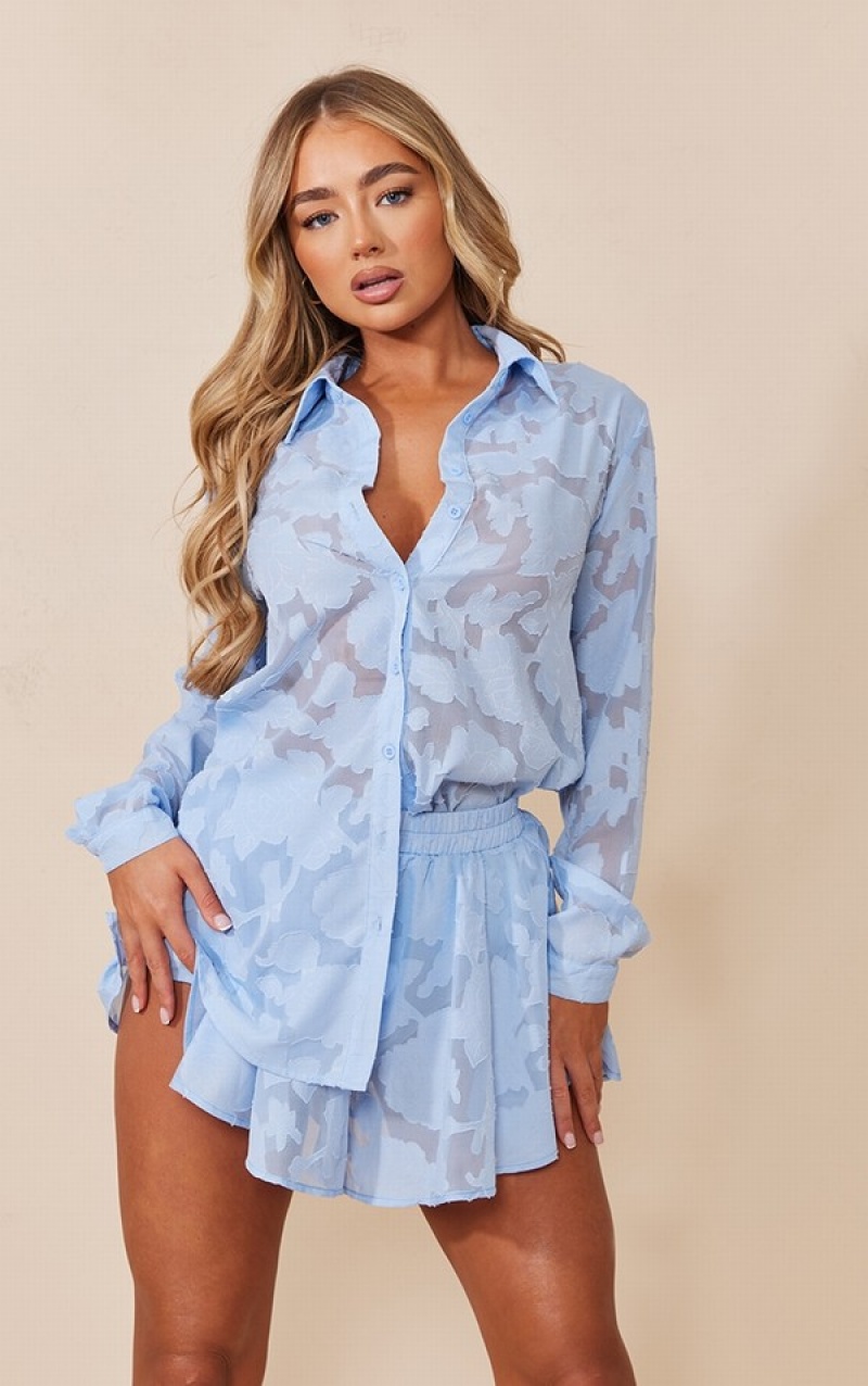 Blue Pretty Little Thing Pale Sheer Floral TextuFloaty Shorts | TSOQXUA-98