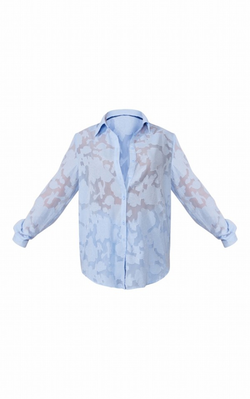 Blue Pretty Little Thing Pale Sheer Floral TextuLong Sleeve Oversized Shirts | MPFWDSU-82