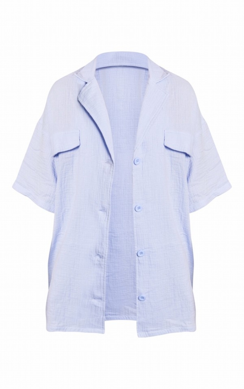 Blue Pretty Little Thing Pale Woven Pocket Detail Sleeved Oversized Shirts | KBSPTYV-48