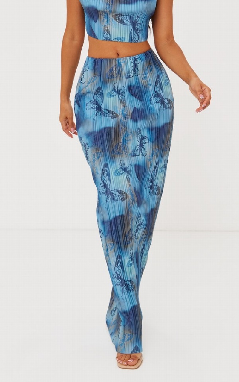 Blue Pretty Little Thing Petite Butterfly Print Plisse Maxi Skirts | IYVFWGC-46