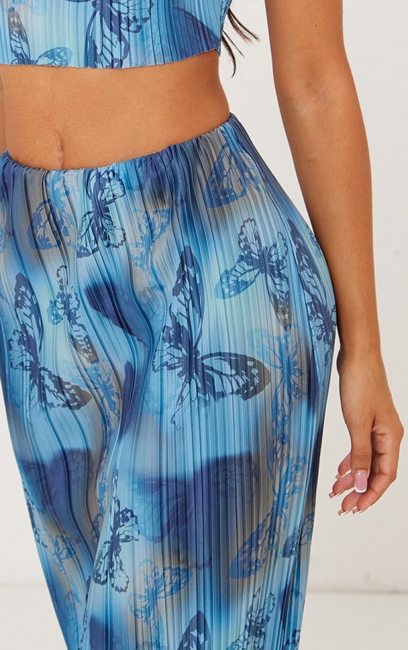 Blue Pretty Little Thing Petite Butterfly Print Plisse Maxi Skirts | IYVFWGC-46