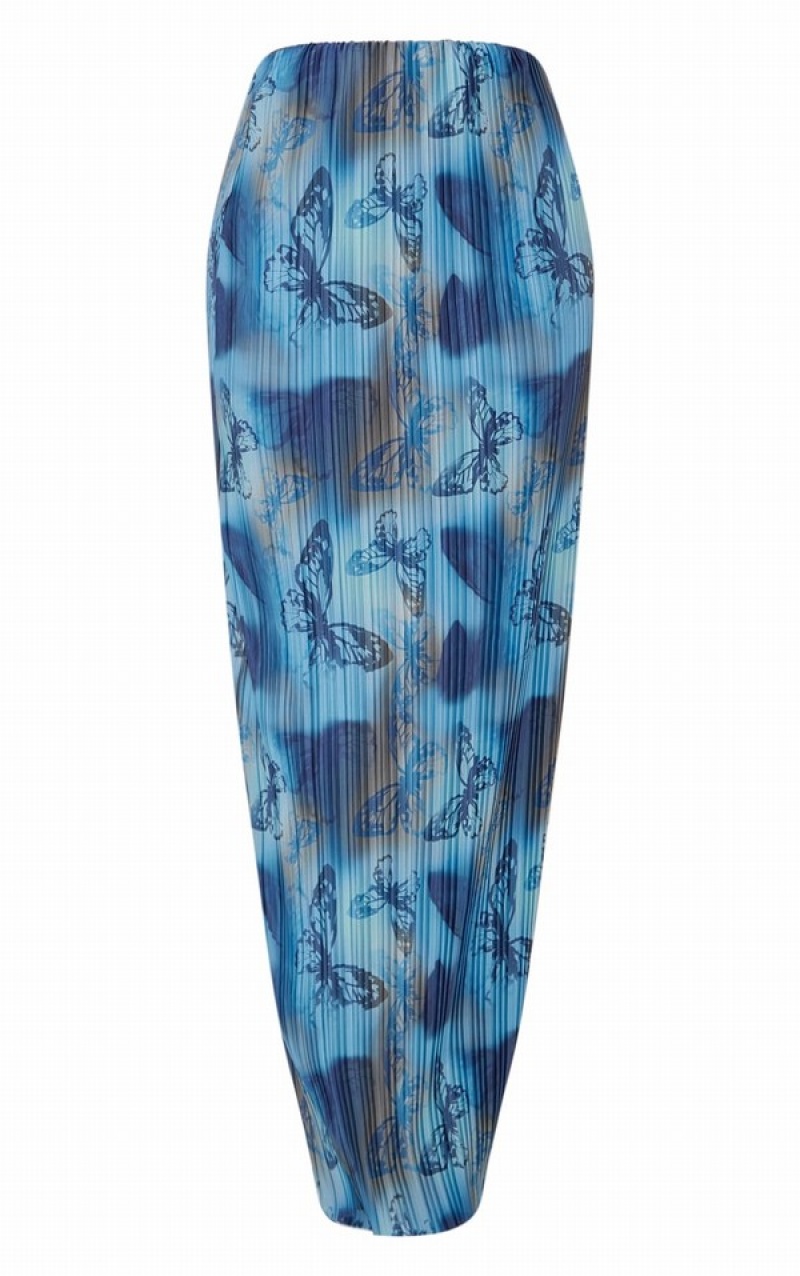 Blue Pretty Little Thing Petite Butterfly Print Plisse Maxi Skirts | IYVFWGC-46