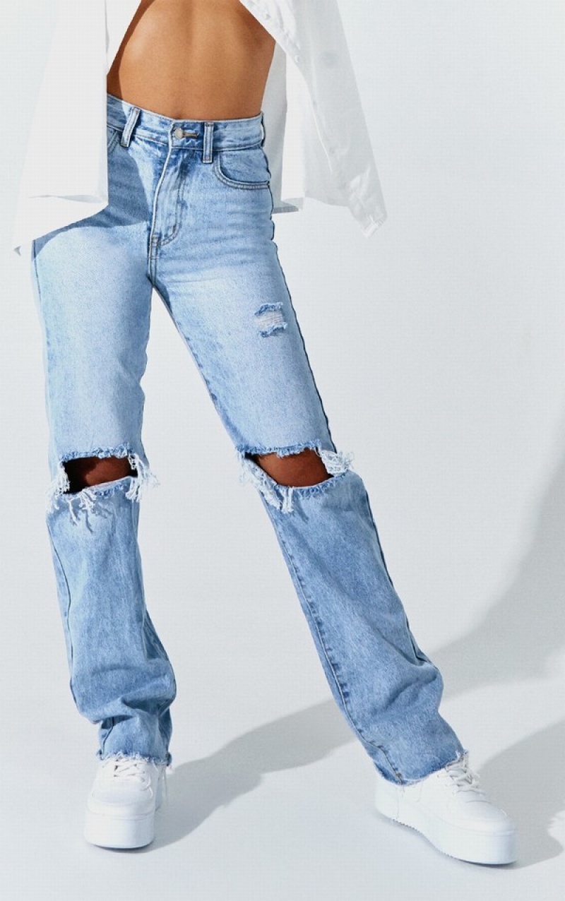 Blue Pretty Little Thing Petite Wash Ripped Long Leg Straight Jeans | YHMOAXC-16