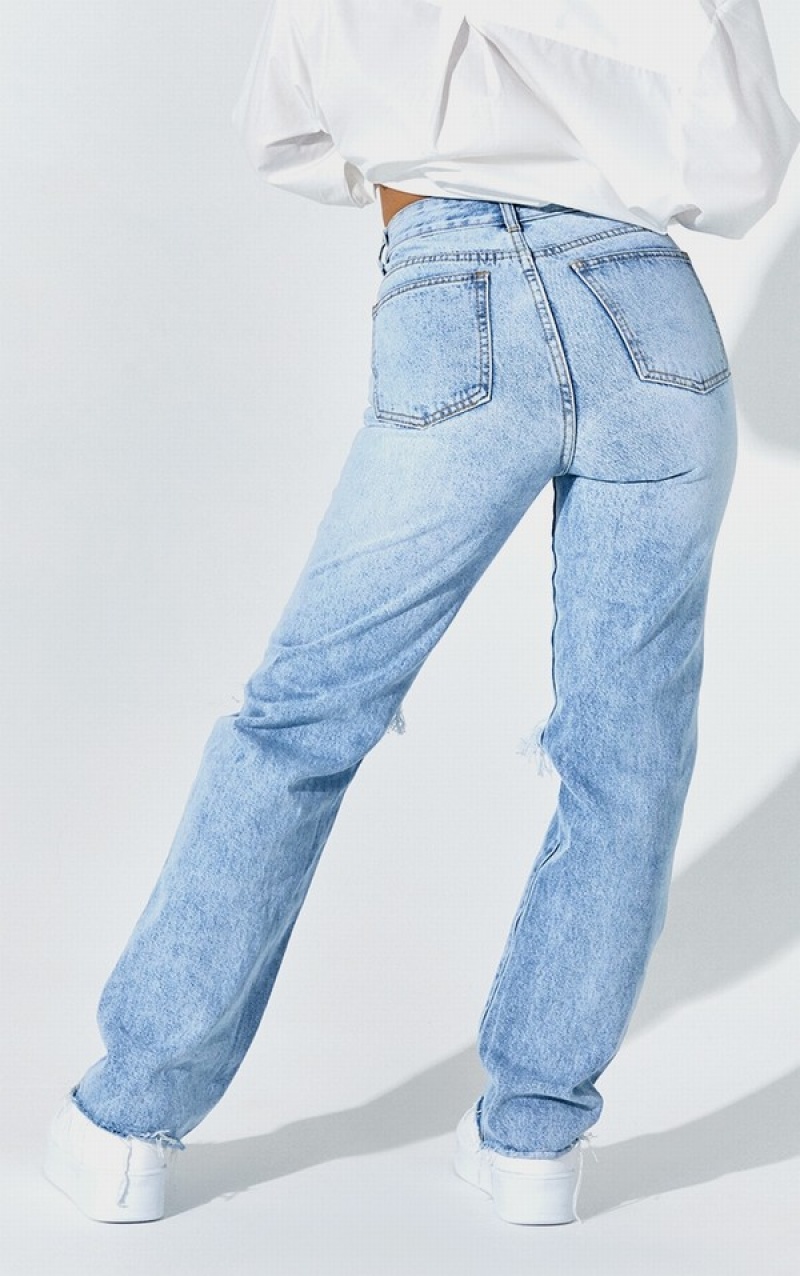 Blue Pretty Little Thing Petite Wash Ripped Long Leg Straight Jeans | YHMOAXC-16