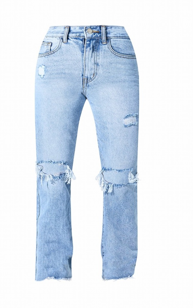 Blue Pretty Little Thing Petite Wash Ripped Long Leg Straight Jeans | YHMOAXC-16