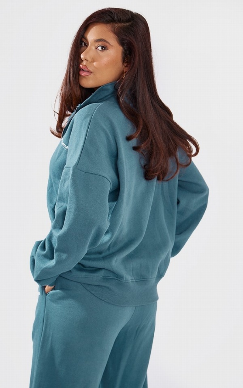 Blue Pretty Little Thing Petrol Printed Zip Up Sweatshirts | FMEIOTL-74