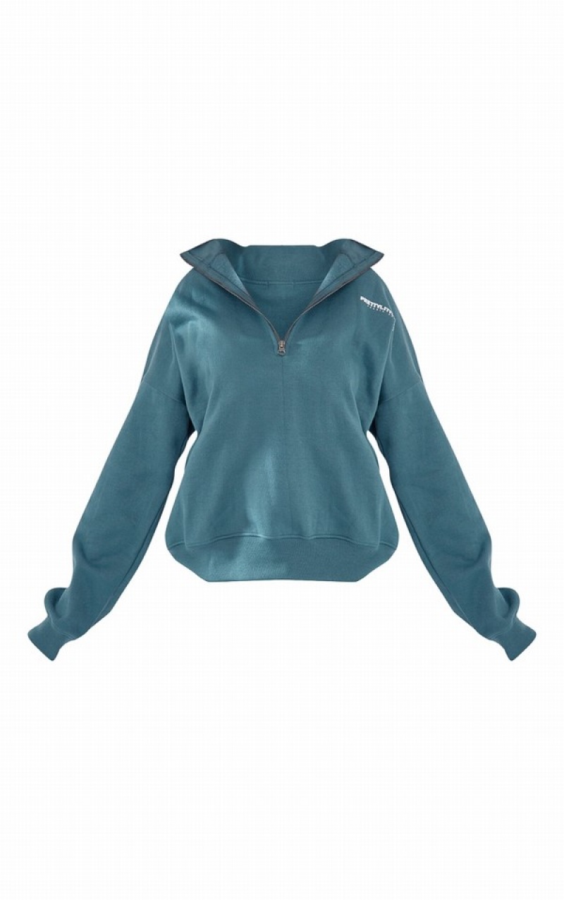 Blue Pretty Little Thing Petrol Printed Zip Up Sweatshirts | FMEIOTL-74