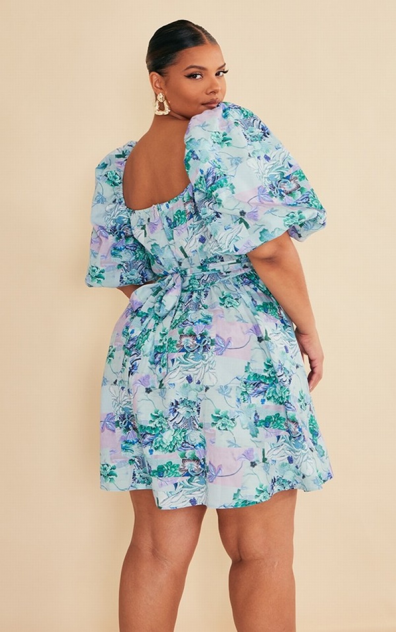 Blue Pretty Little Thing Plus Floral Printed Tie Waist Puffball Dresses | SQUAVRI-59