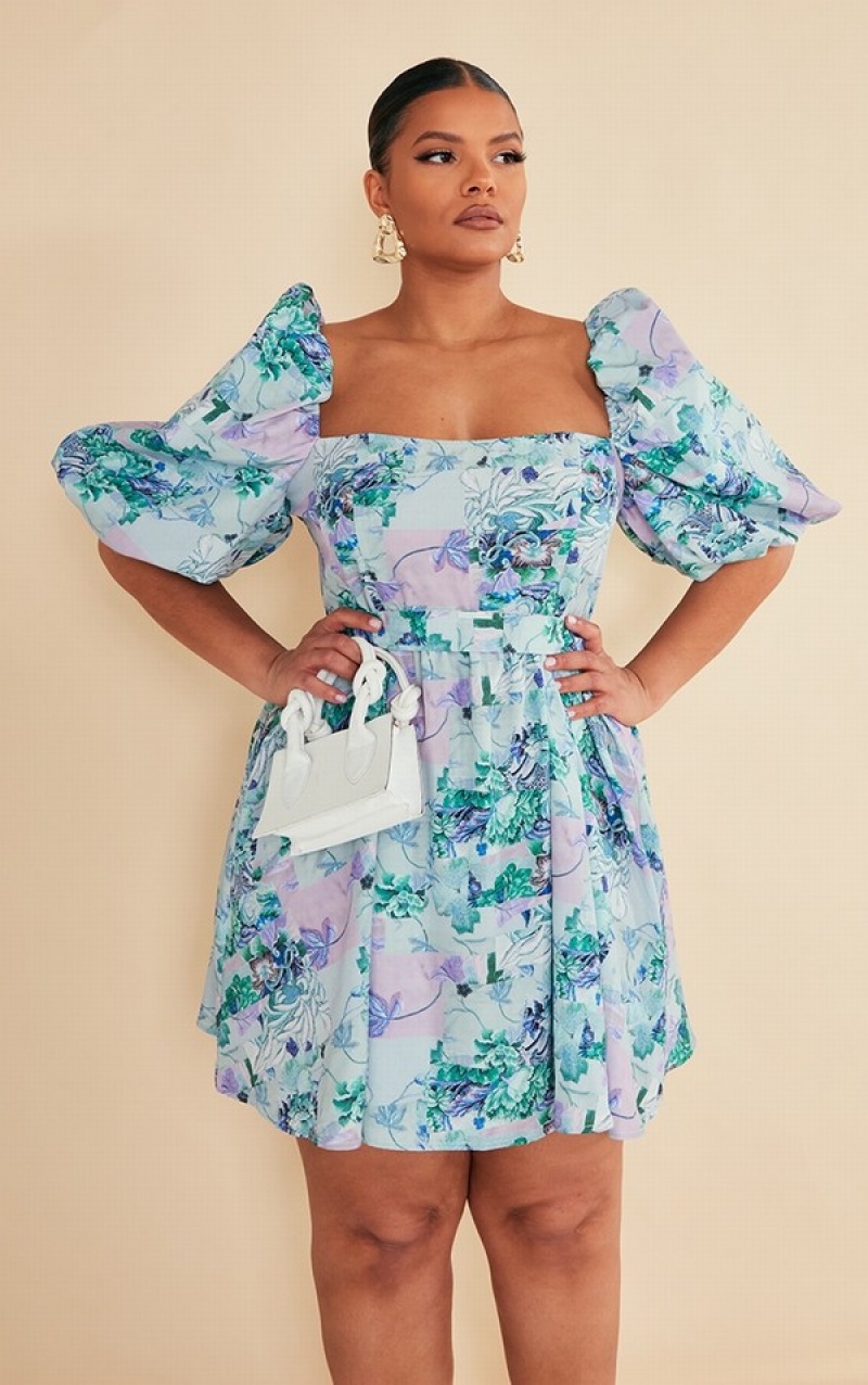 Blue Pretty Little Thing Plus Floral Printed Tie Waist Puffball Dresses | SQUAVRI-59