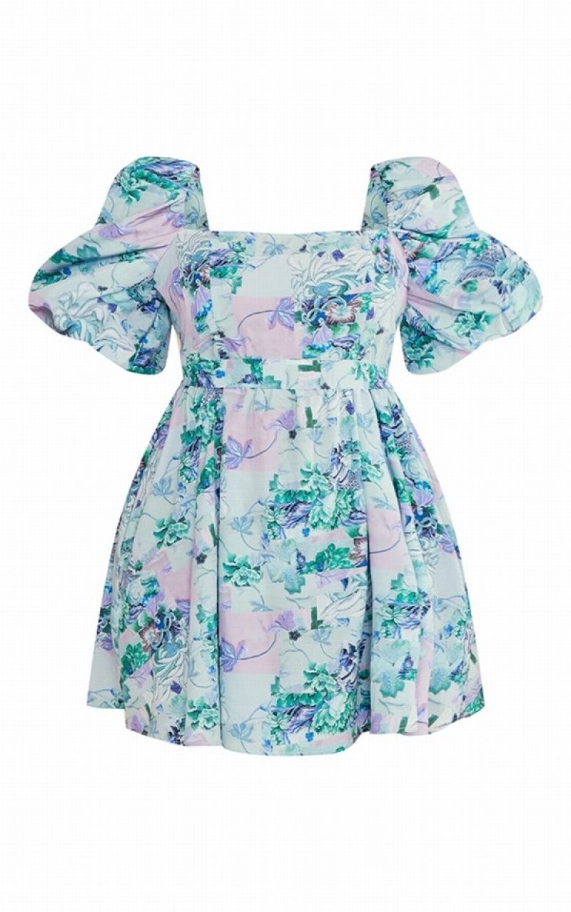 Blue Pretty Little Thing Plus Floral Printed Tie Waist Puffball Dresses | SQUAVRI-59