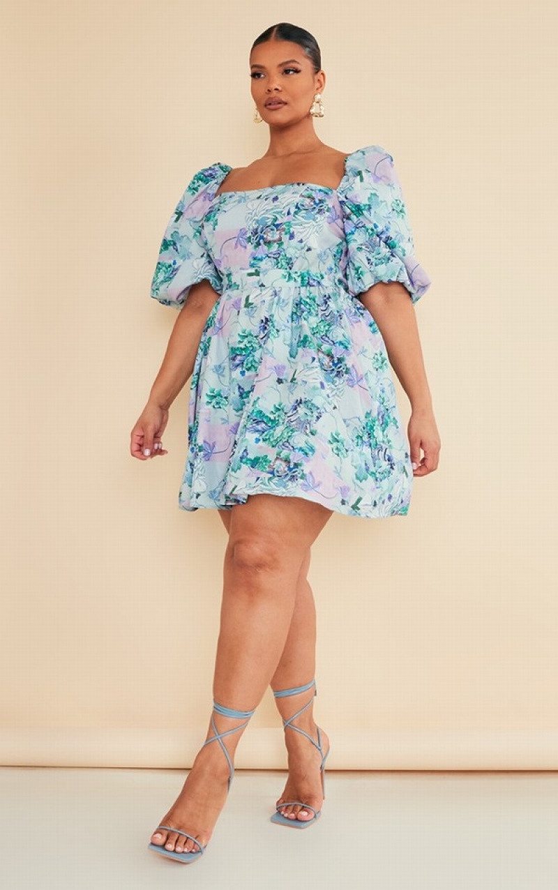 Blue Pretty Little Thing Plus Floral Printed Tie Waist Puffball Dresses | SQUAVRI-59