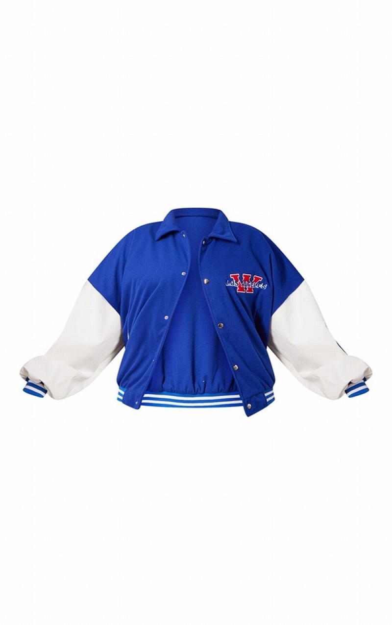 Blue Pretty Little Thing Plus Pocket Front Faux Leather Contrast Sleeve Bomber Jackets | OGHIJLP-86