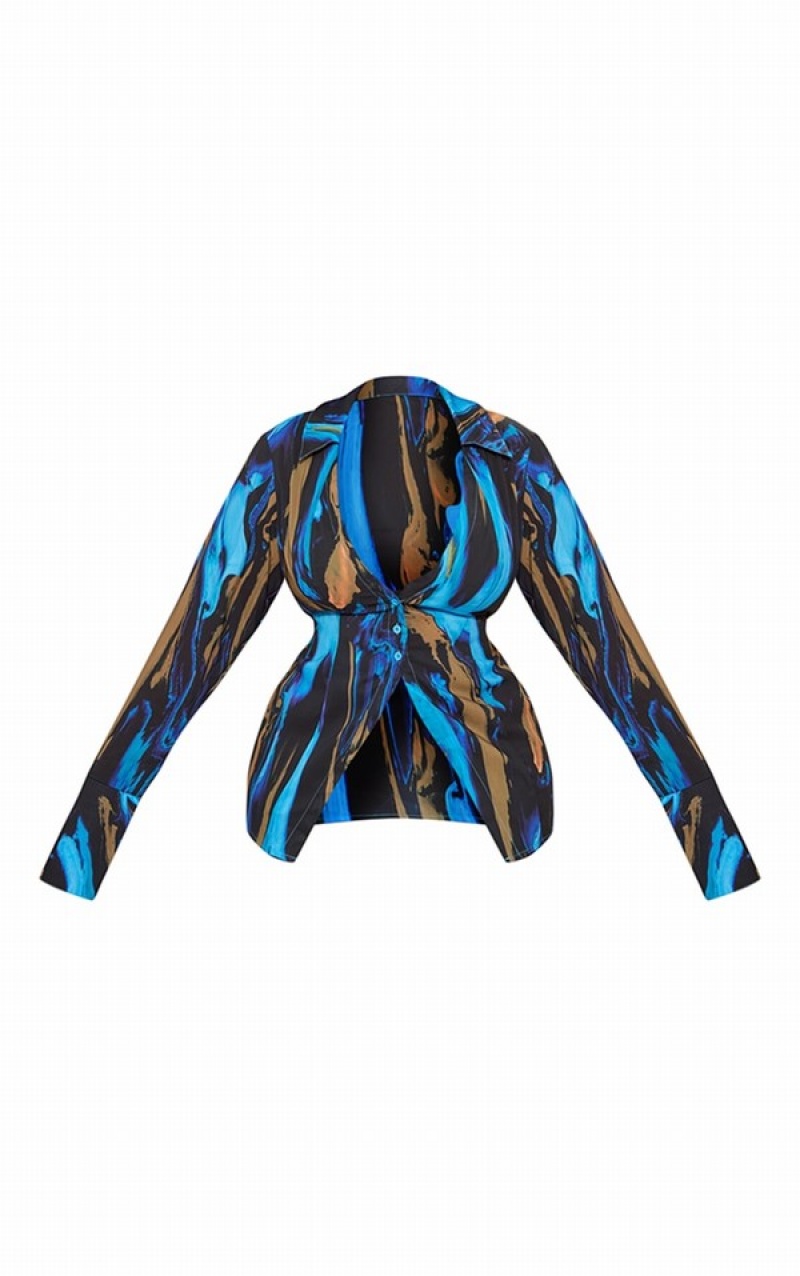 Blue Pretty Little Thing Plus Print Chiffon Fitted Shirts | VKGHCEX-27