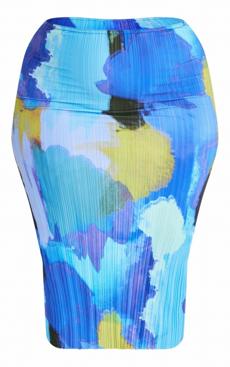 Blue Pretty Little Thing Plus Print Plisse Skirts | AWHGRJQ-09