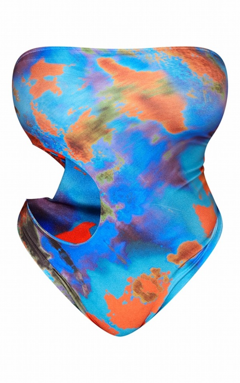 Blue Pretty Little Thing Plus Tie Dye Printed Cut Out Bandeau Swimsuits | LDMAVPS-48