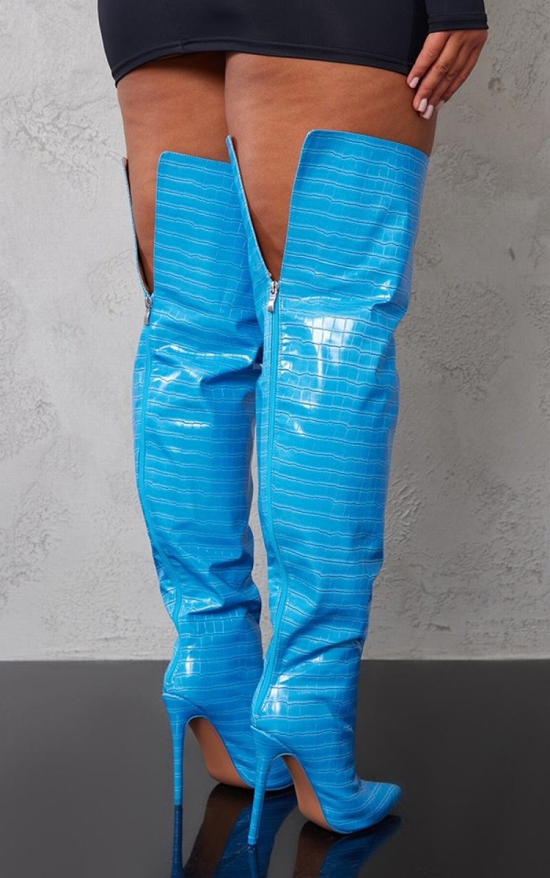 Blue Pretty Little Thing Pu Croc Point Toe Thick Thigh Highed Boots | ORSLKZV-37