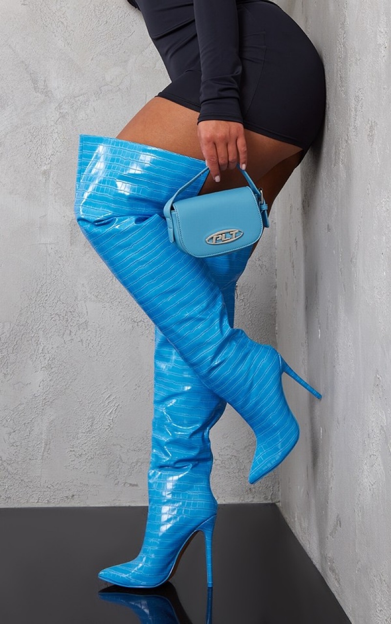 Blue Pretty Little Thing Pu Croc Point Toe Thick Thigh Highed Boots | ORSLKZV-37